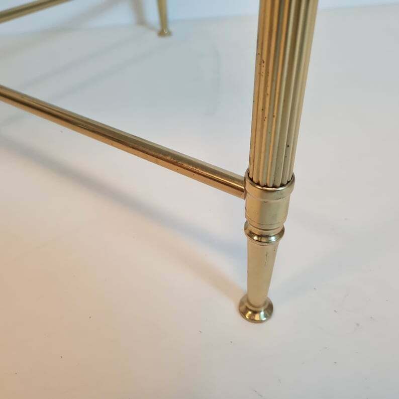 Vintage Hollywood Regency Table Gold Brass And Gray Glass Mcm photo vinterior