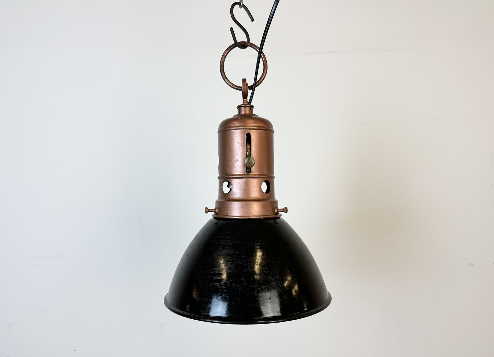 Industrial Italian Black Enamel Factory Lamp With Iron Top, 1950s, 2x photo Lighting