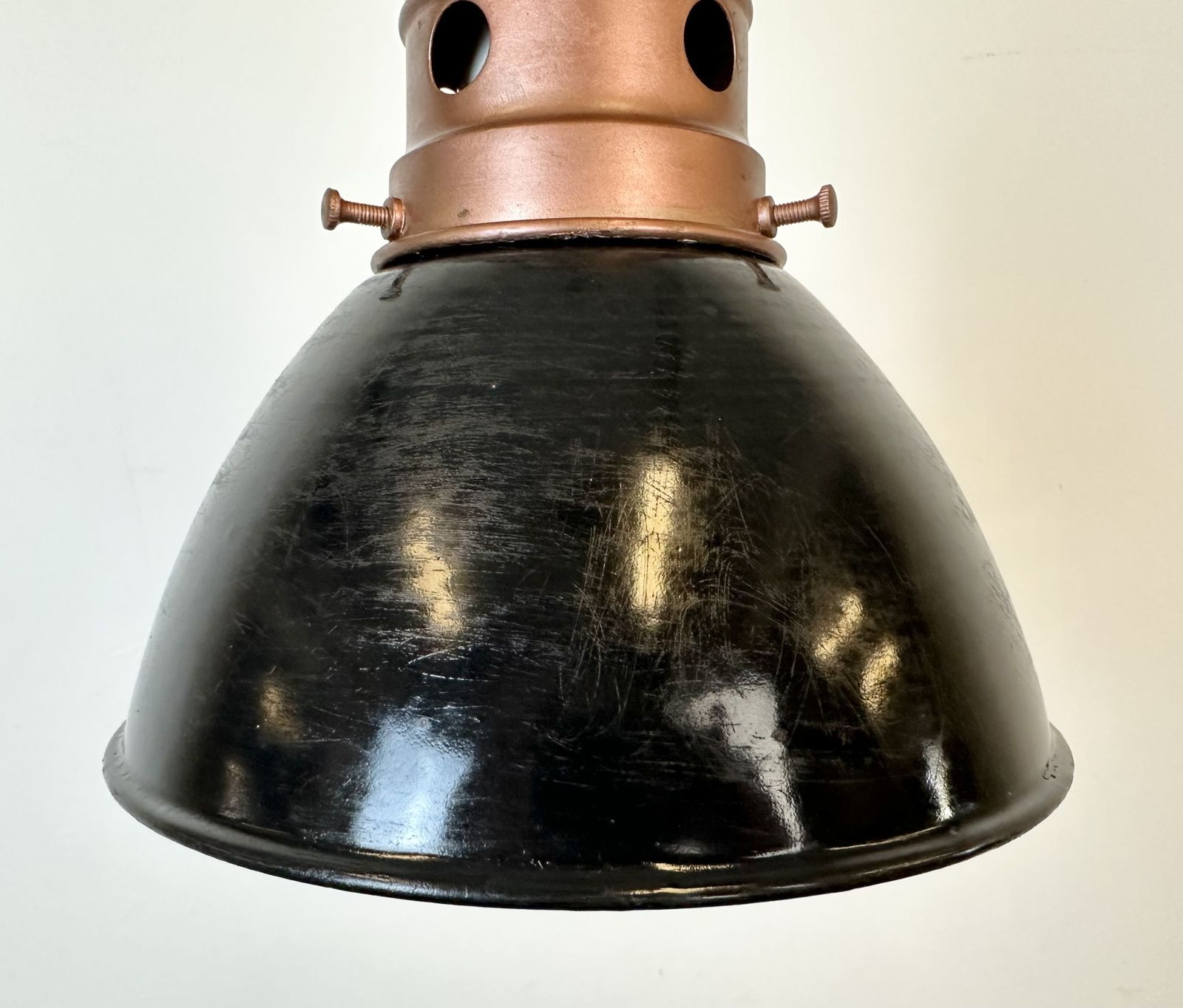 Industrial Italian Black Enamel Factory Lamp With Iron Top, 1950s, 2x photo 179.0