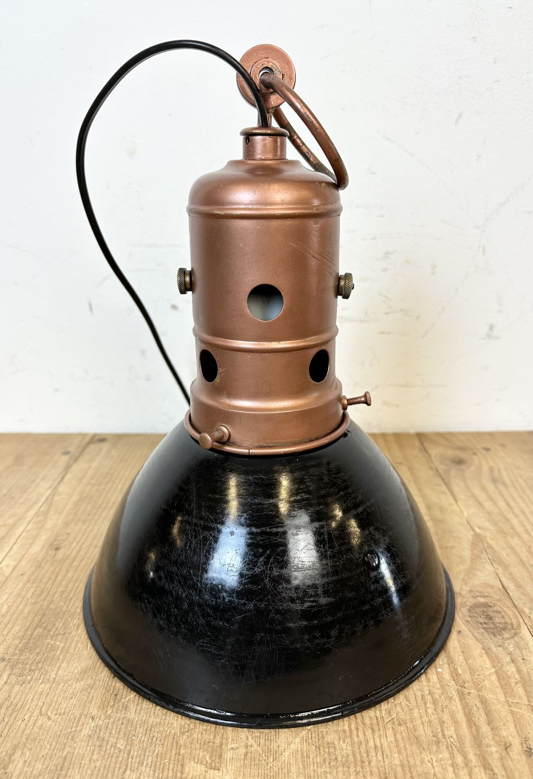 Lighting Industrial Italian Black Enamel Factory Lamp With Iron Top, 1950s, 2x photo