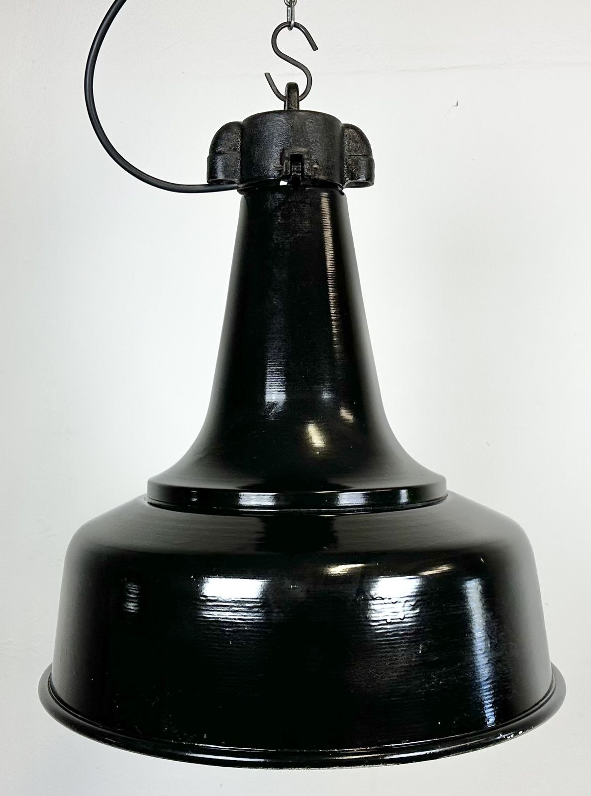 Industrial Black Pendant Factory Lamp With Cast Iron Top, 1970s, 2x photo for sale