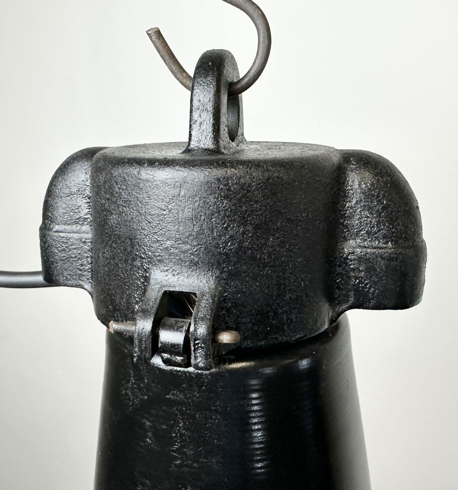 Industrial Black Pendant Factory Lamp With Cast Iron Top, 1970s, 2x photo buy