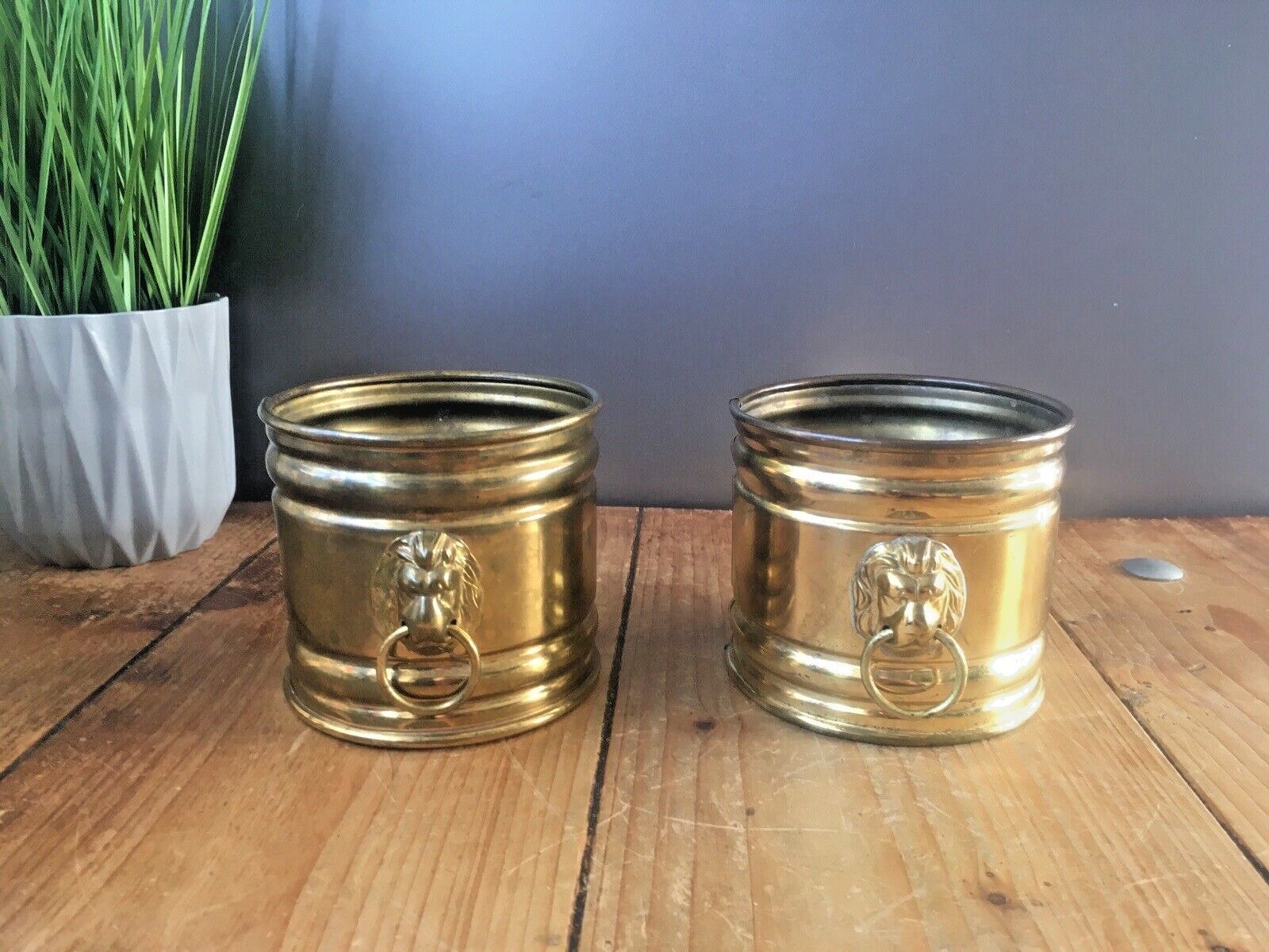 Pair Of Vintage Bates Brass Lions Head Handles Herb Cacti Planters Plant Pots photo buy