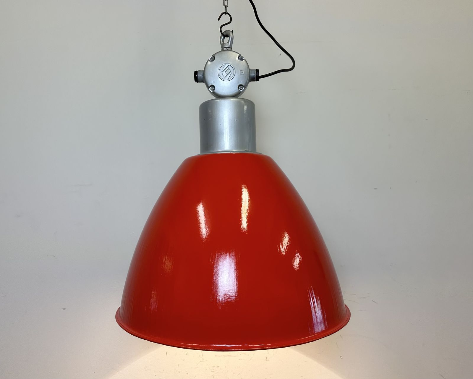 photo for sale Large Red Painted Industrial Factory Lamp From Elektrosvit, 1960s, 10x