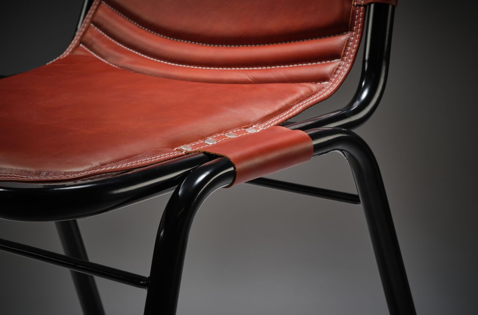 Rare Fully Restored Black Enamel & Hand Stitched Saddle Leather Dining Chair In The Manner Of The Les Arc Chair By Charlotte Perriand, Circa 1970’s, photo furniture
