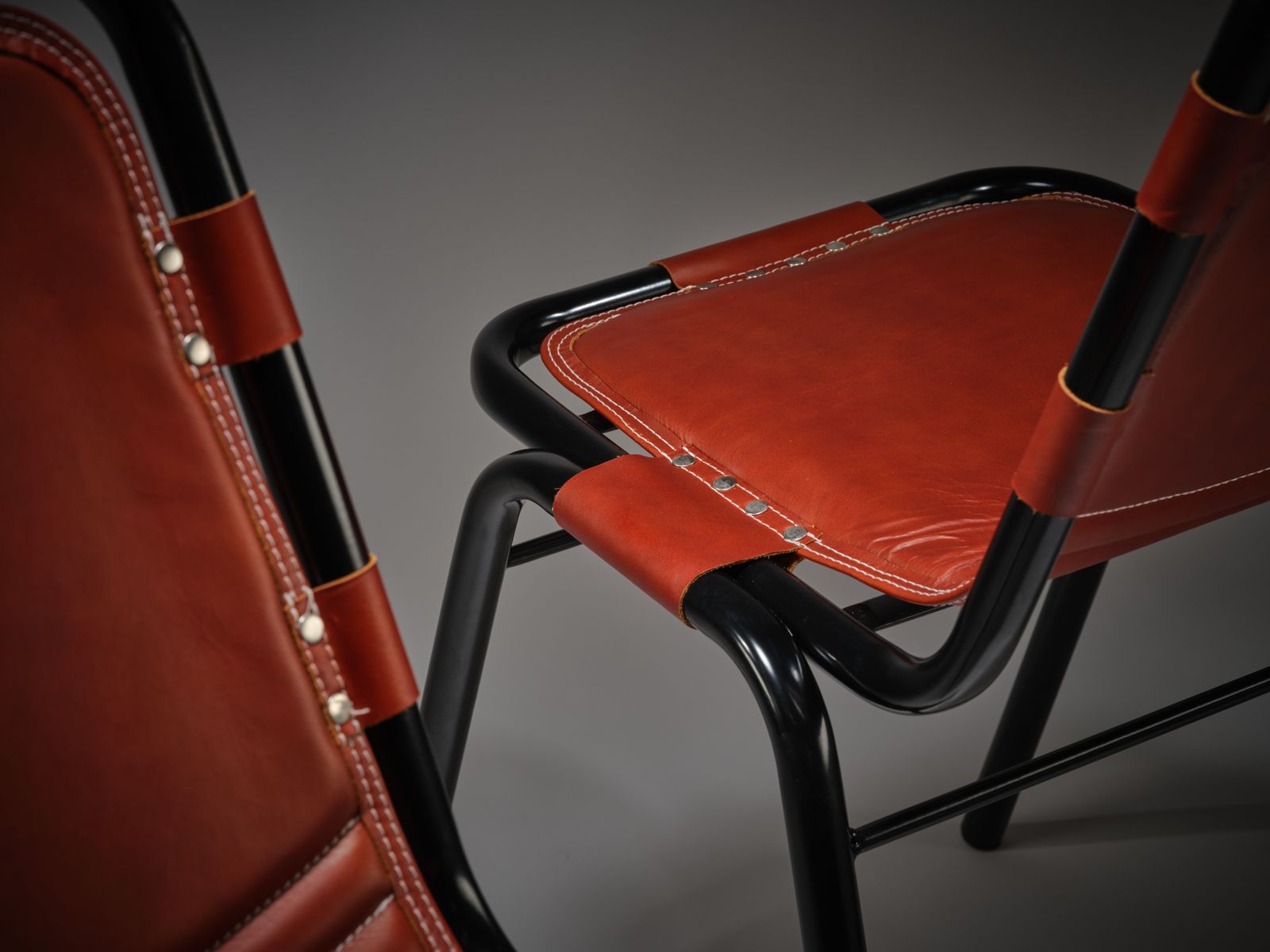 Rare Fully Restored Black Enamel & Hand Stitched Saddle Leather Dining Chair In The Manner Of The Les Arc Chair By Charlotte Perriand, Circa 1970’s, photo vintage