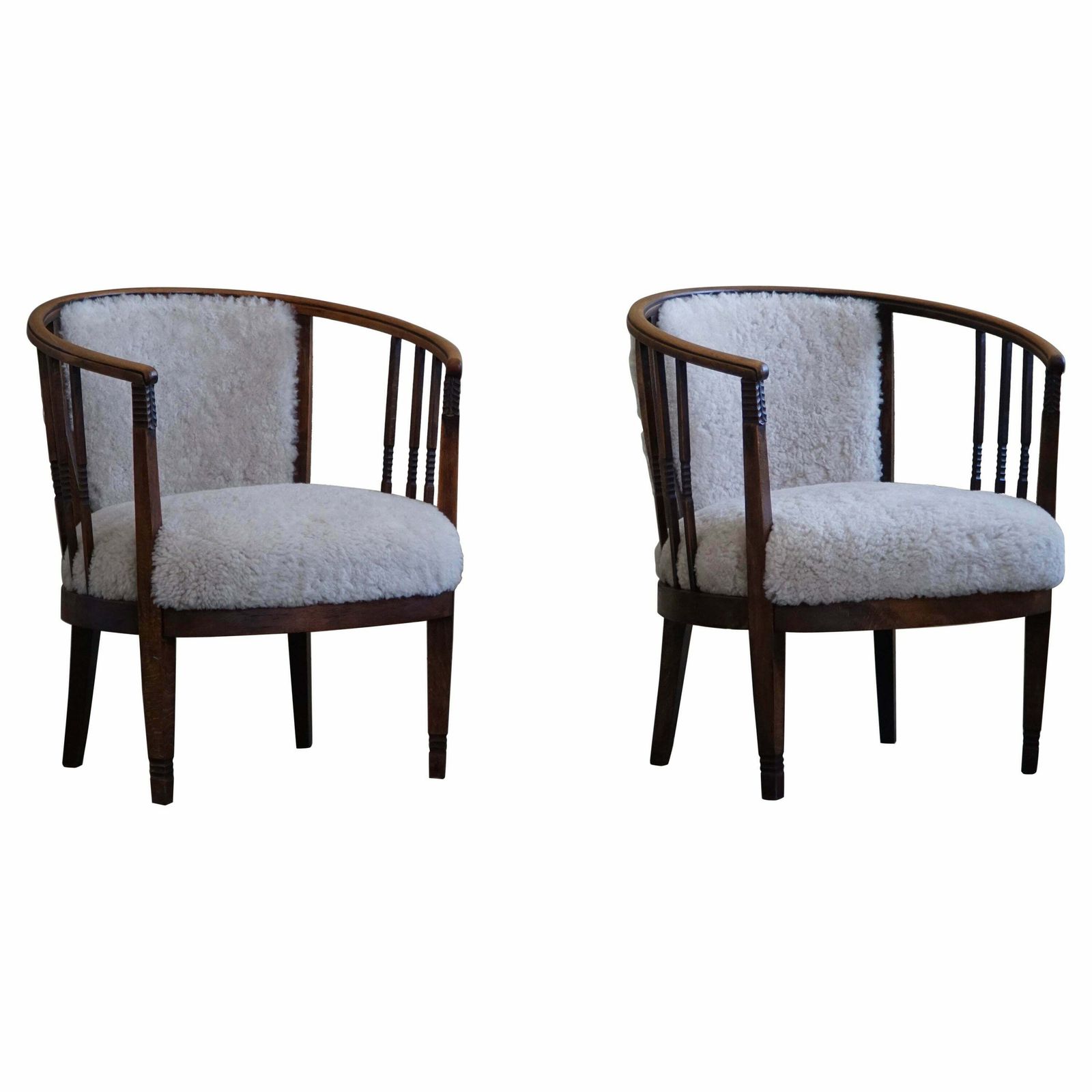 Pair Of Danish Armchairs In Beech, Reupholstered Lambswool, Jugendstil, 1900s