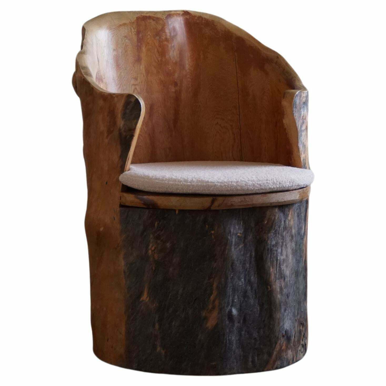 Hand Carved Brutalist Stump Chair In Solid Pine, Wabi Sabi Style, Swedish, 1970s