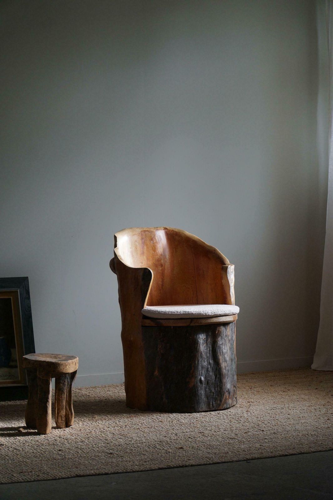 photo buy Hand Carved Brutalist Stump Chair In Solid Pine, Wabi Sabi Style, Swedish, 1970s
