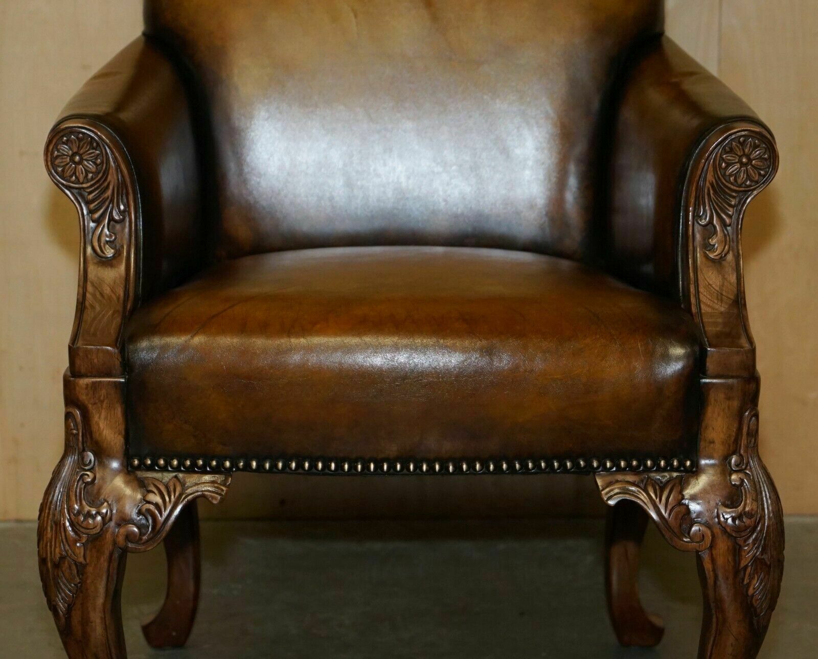 Pair Of Antique Heavily Carved Hand Dyed Brown Leather Restored Throne Armchairs photo buy