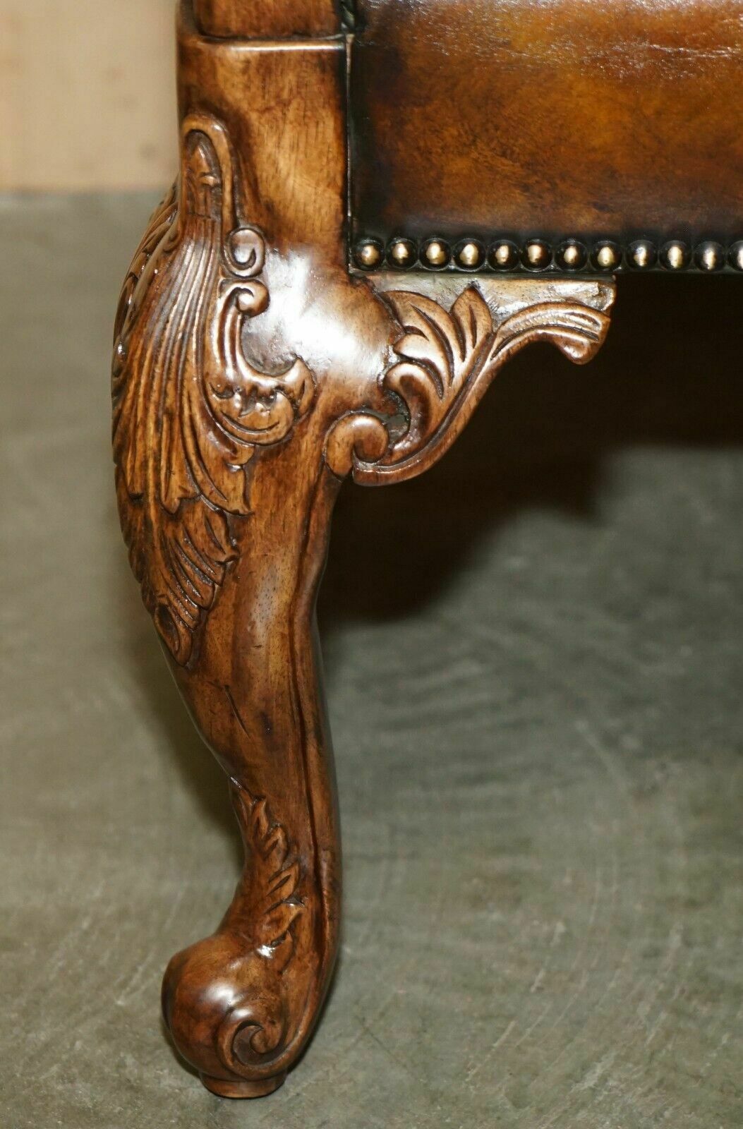 photo for sale Pair Of Antique Heavily Carved Hand Dyed Brown Leather Restored Throne Armchairs