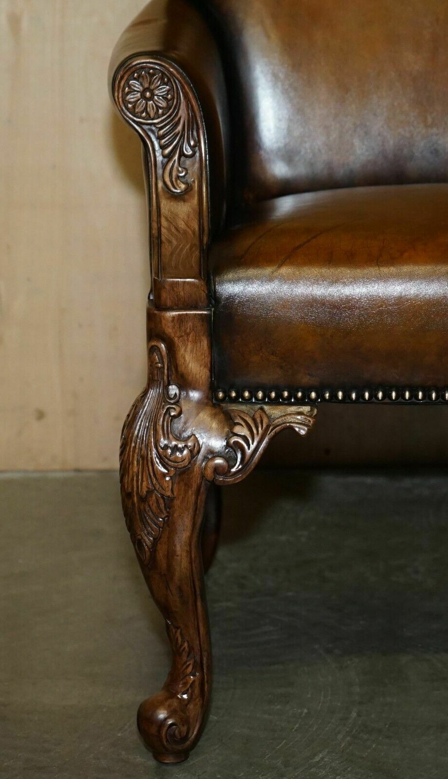 Furniture Pair Of Antique Heavily Carved Hand Dyed Brown Leather Restored Throne Armchairs photo