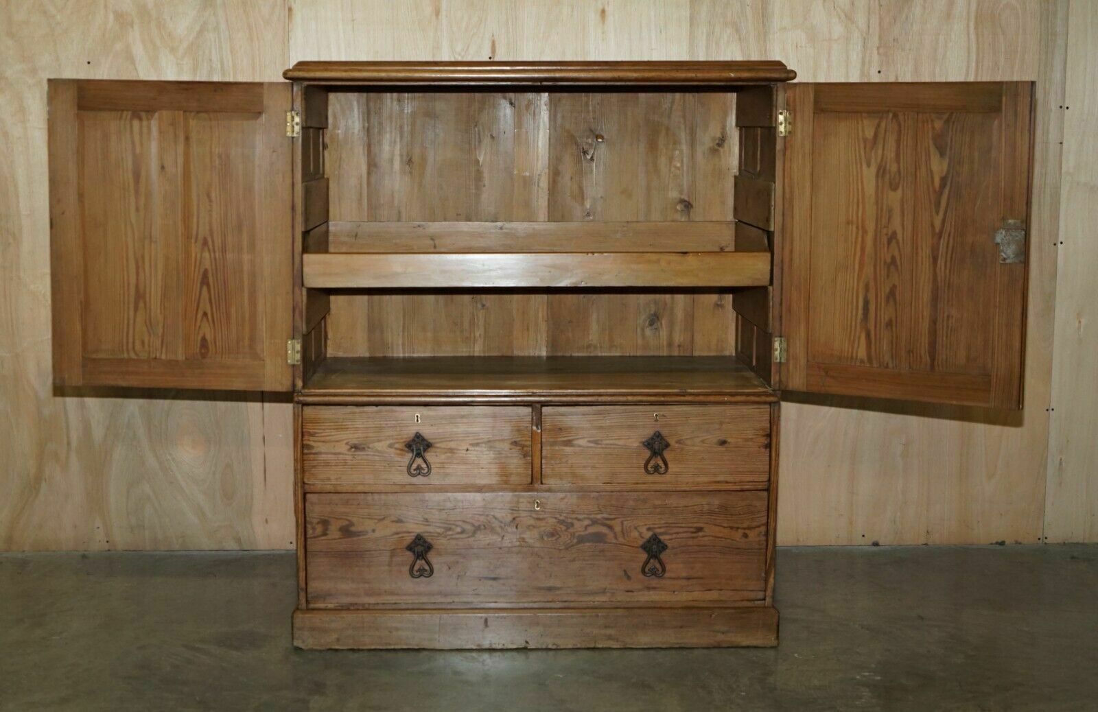 Medium Antique Victorian Pine Housekeepers Cupboard With Sliding Linen Shelf photo vintage