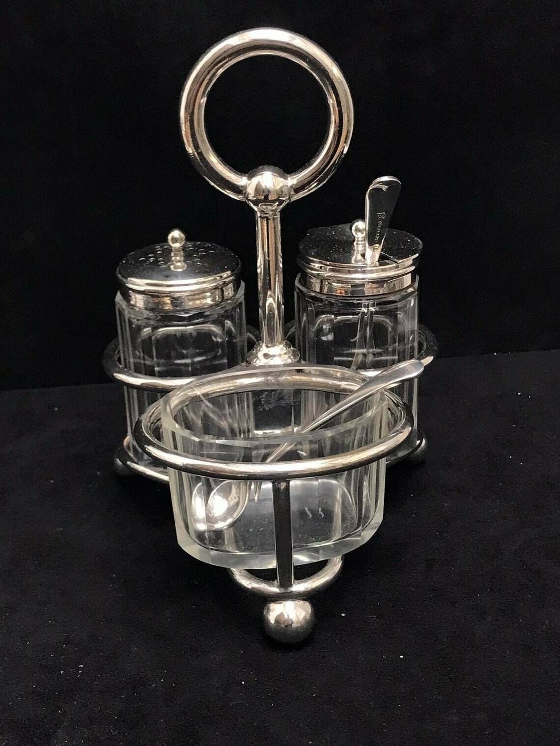 Condiment Set Salt Pepper Cellars Mustard Cruet Set Glasses With Tray Gladwin Ltd Silver Plated Wedding Gift photo vintage