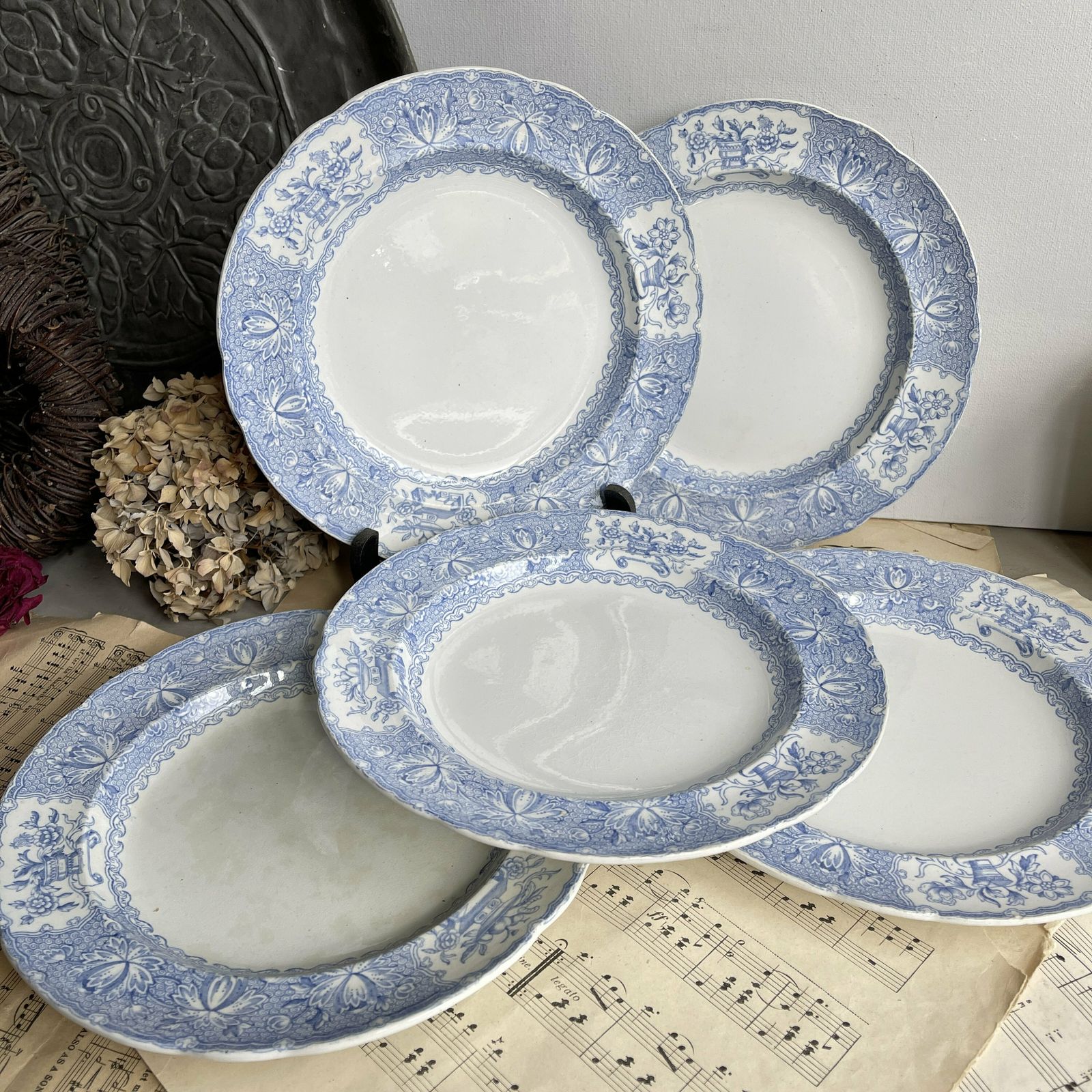 Antique English Blue And White Set Of 5 Luncheon Plates. Copeland And Garrett. New Japan Stone.Shabby Chic