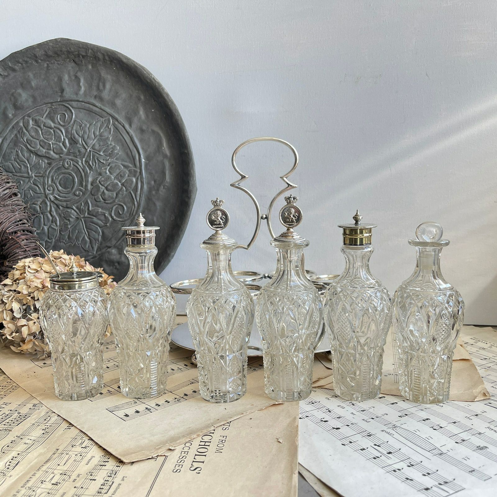 Victorian Silver Plated Cruet Set. 6 Bottle Set. Oil Vinegar Salt Pepper Mustard. Cut Glass Bottles. Downton Abbey photo for sale