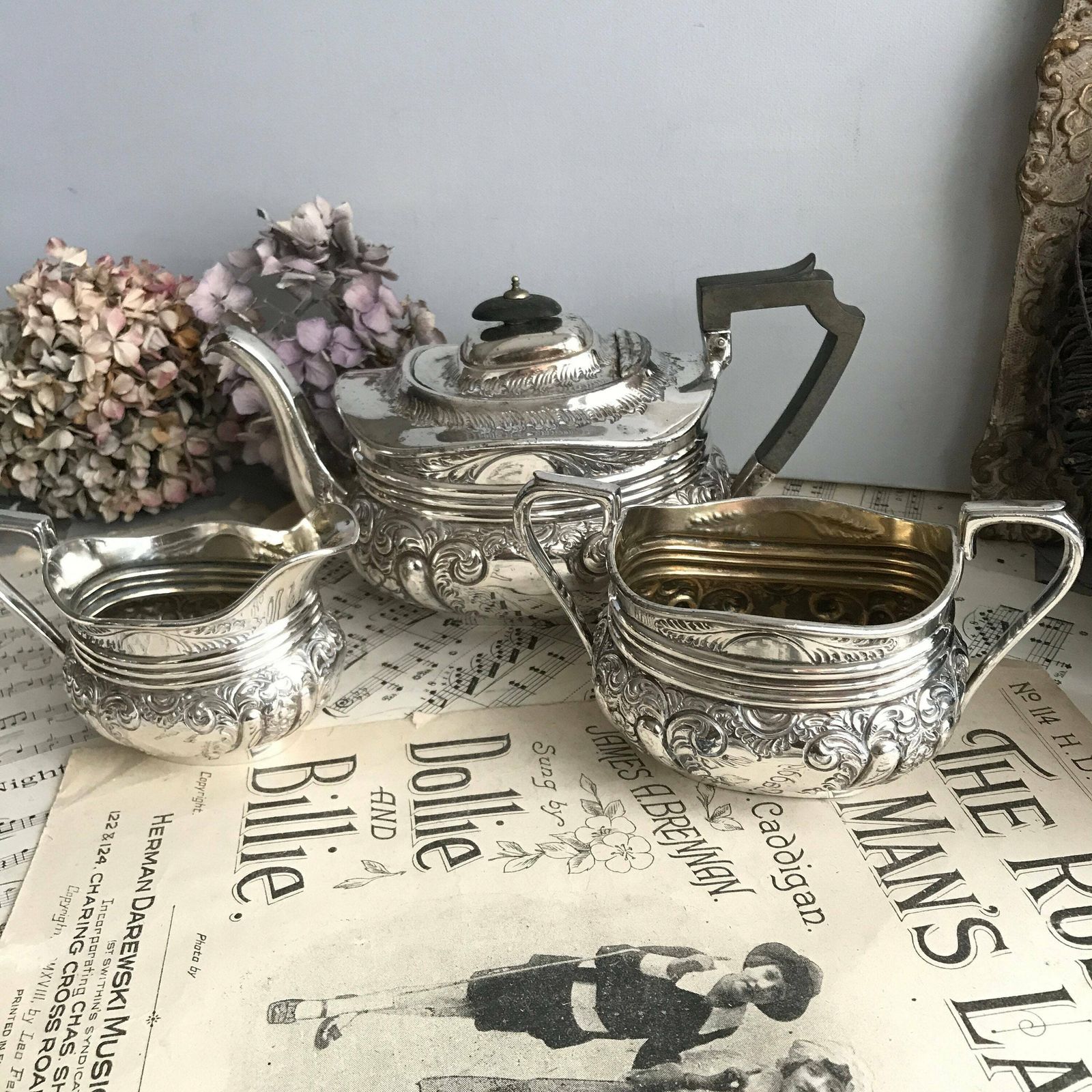 Antique 3 Piece Silver Plated Tea Set. Tea Pot. Sugar Bowl. Milk Jug. Atkin Brothers. Decorative. Downton Abbey. Shabby Chic