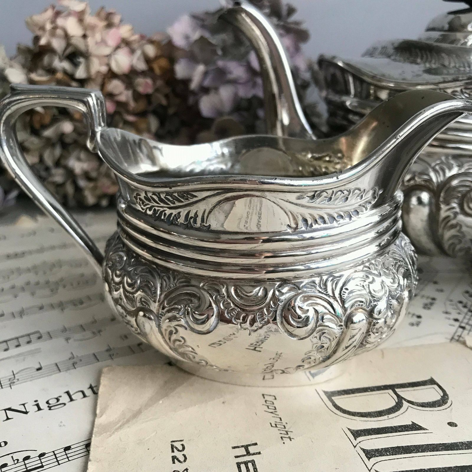 Antique 3 Piece Silver Plated Tea Set. Tea Pot. Sugar Bowl. Milk Jug. Atkin Brothers. Decorative. Downton Abbey. Shabby Chic photo furniture