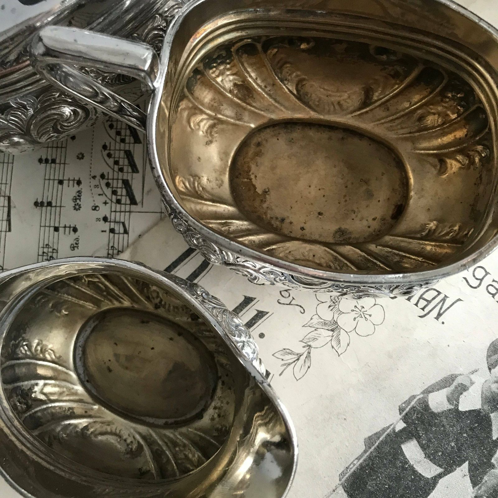 Antique 3 Piece Silver Plated Tea Set. Tea Pot. Sugar Bowl. Milk Jug. Atkin Brothers. Decorative. Downton Abbey. Shabby Chic photo for sale