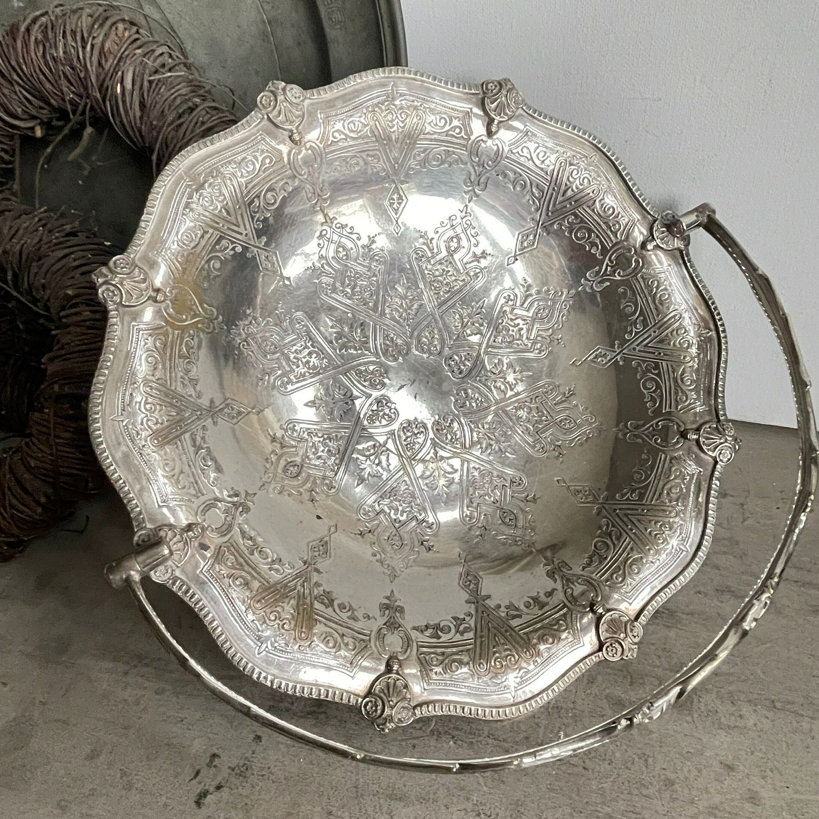 Antique Victorian Basket, Silver Plate Swing Handle Dish, Cake Basket, Distressed Pedestal Dish, Bread Basket, Fruit Basket, photo furniture