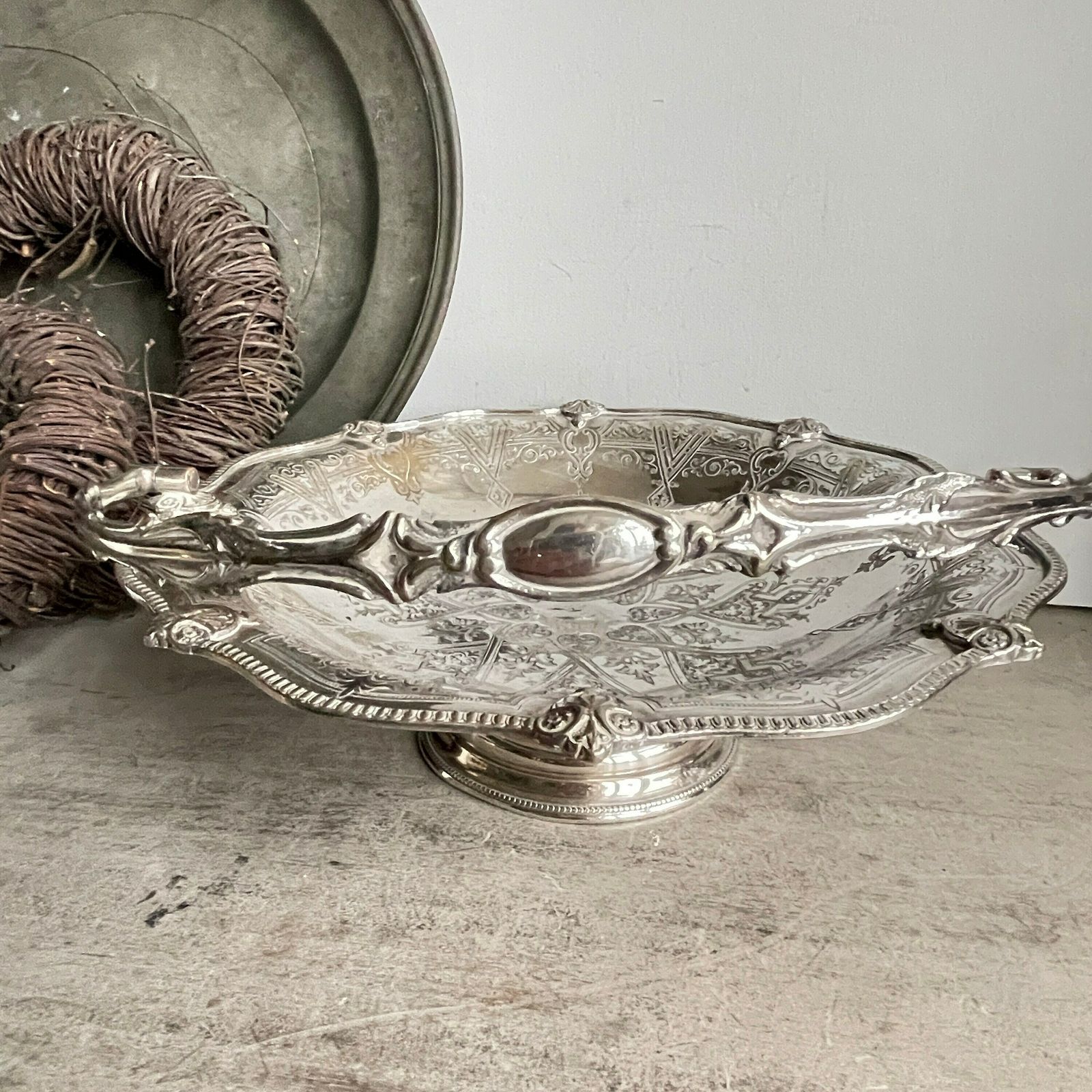 Antique Victorian Basket, Silver Plate Swing Handle Dish, Cake Basket, Distressed Pedestal Dish, Bread Basket, Fruit Basket, photo buy