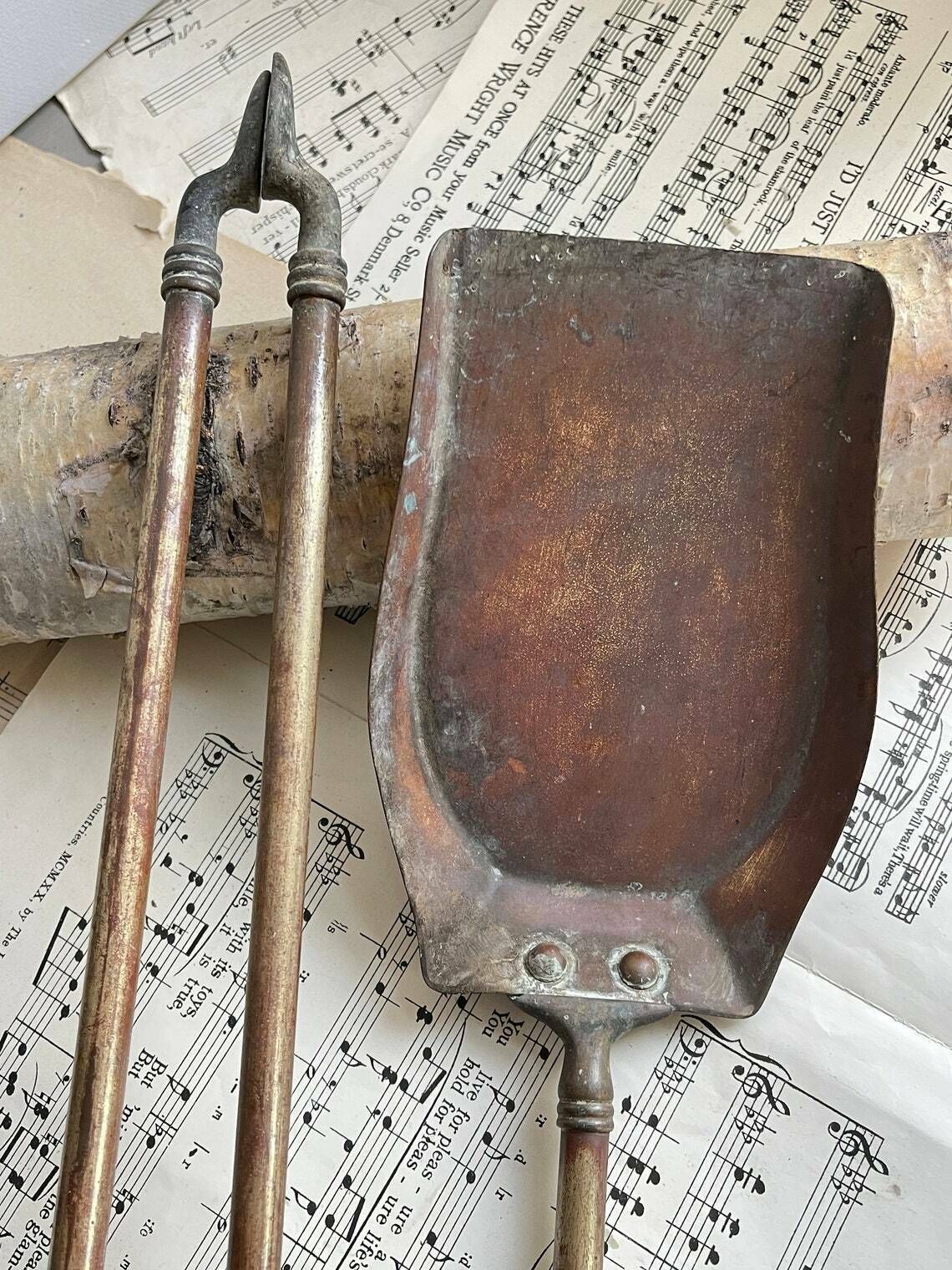 Antique Brass Tongs And Shovel, Fireplace Tools Set, Fire Accessories, Art Nouveau, Home Decor photo 120.0