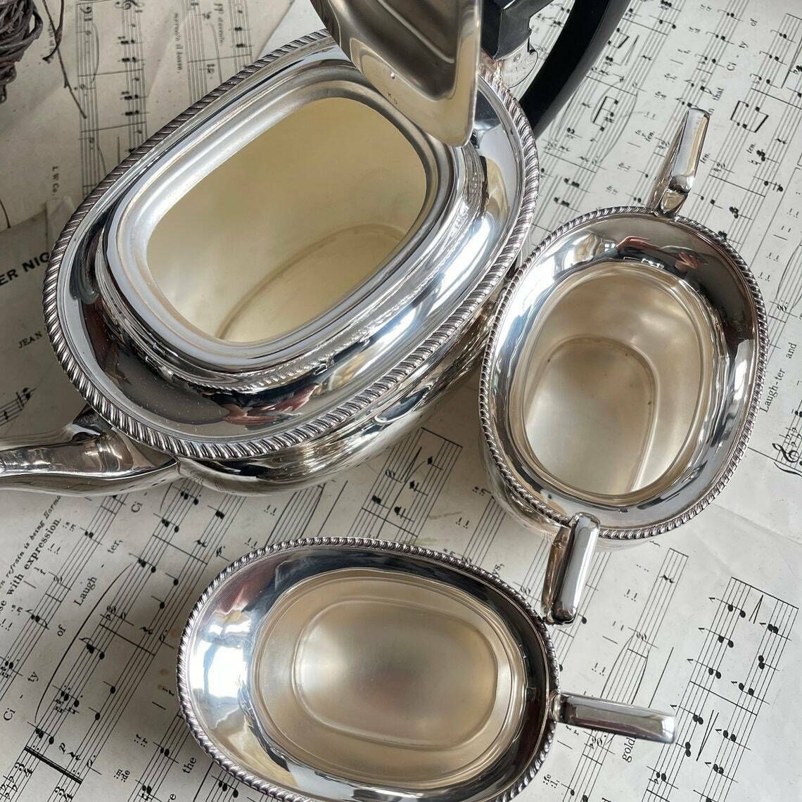 Vintage Silver Plated 3 Piece Tea Set, Garrard & Co Teapot, Milk Jug, Sugar Bowl. Shabby Chic. Wedding Breakfast. Downton Abbey photo furniture