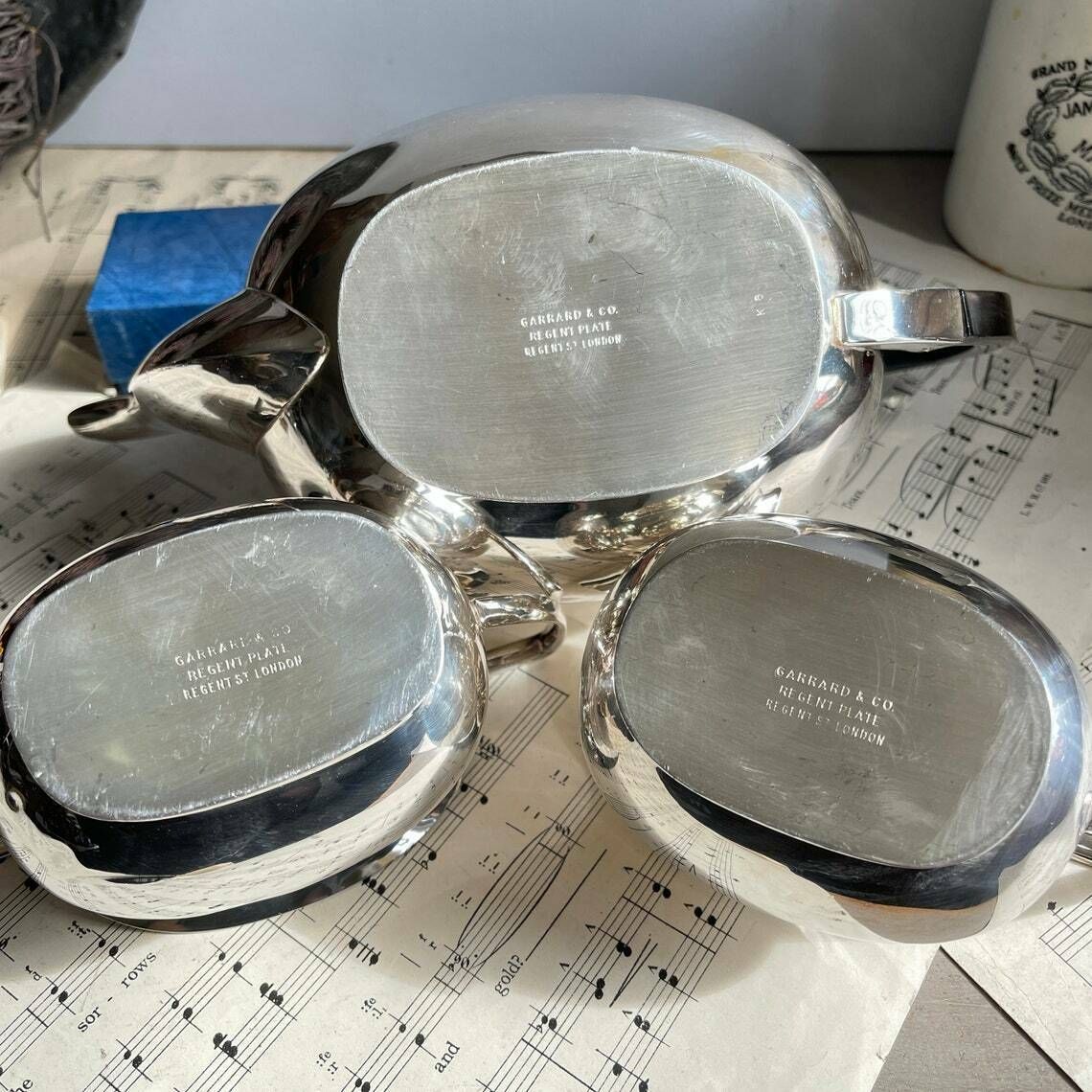 photo furniture Vintage Silver Plated 3 Piece Tea Set, Garrard & Co Teapot, Milk Jug, Sugar Bowl. Shabby Chic. Wedding Breakfast. Downton Abbey