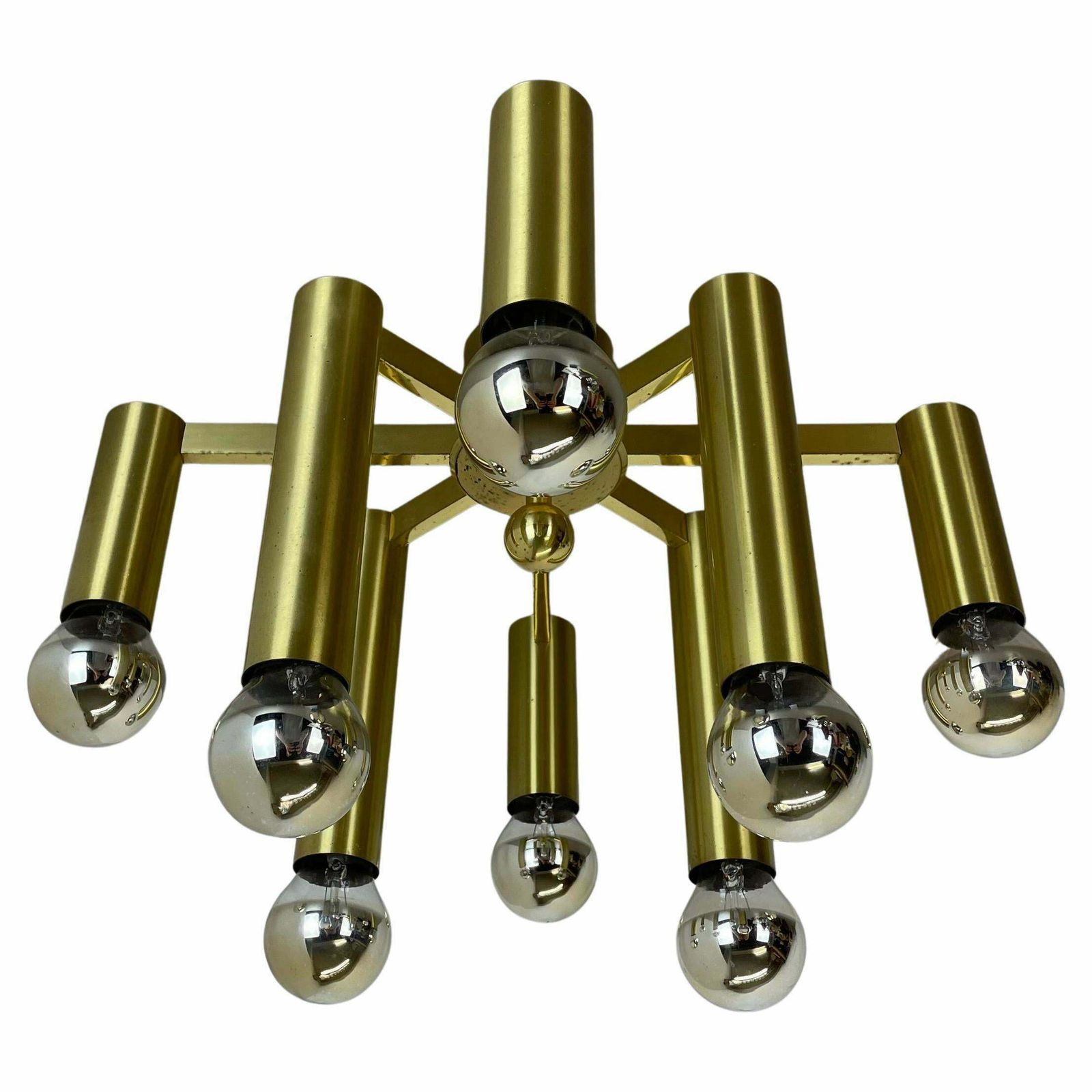Large Tube Brass 8 Bulb Stilnovo Style Flush Mount Ceiling Light, Italy 1960s