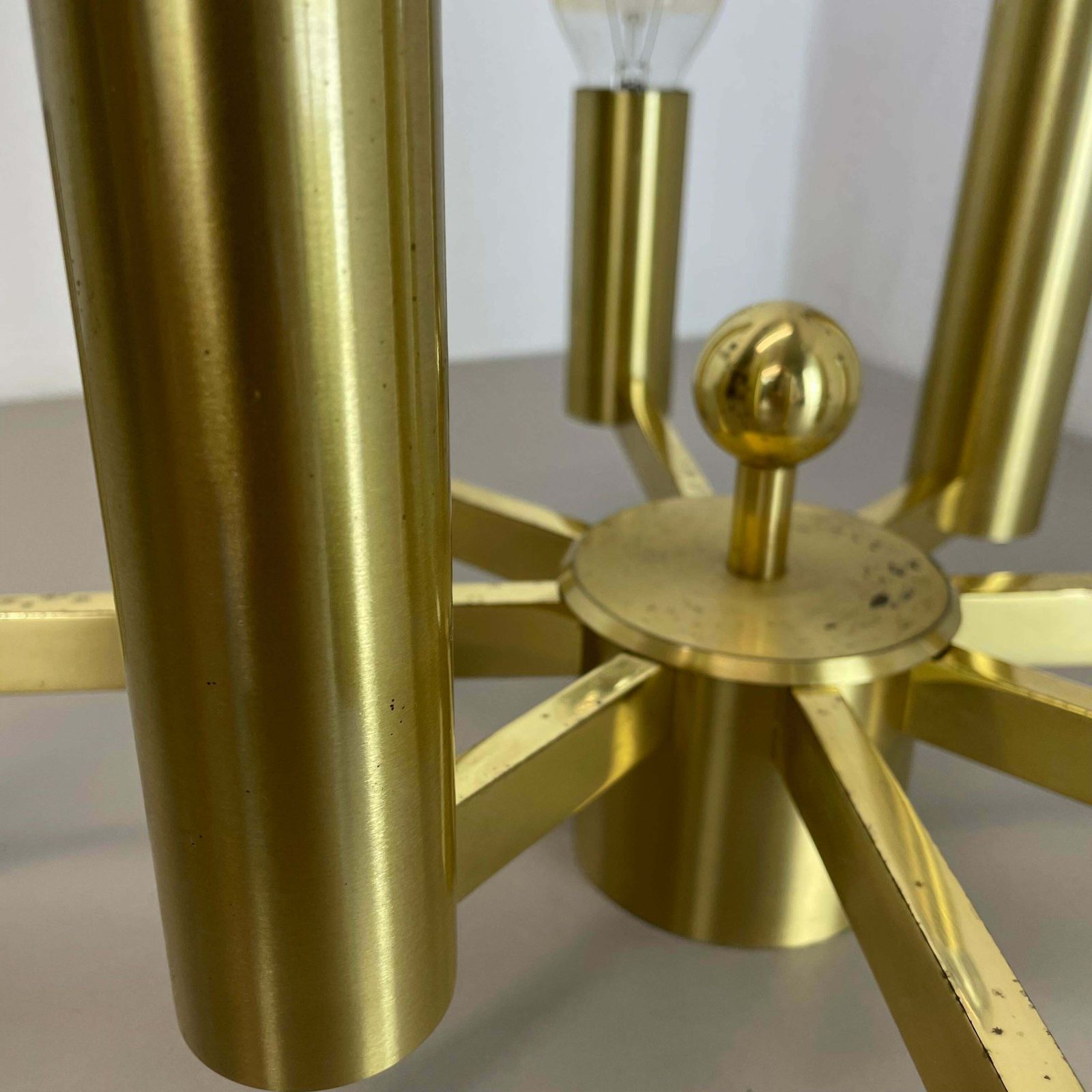 Large Tube Brass 8 Bulb Stilnovo Style Flush Mount Ceiling Light, Italy 1960s photo buy