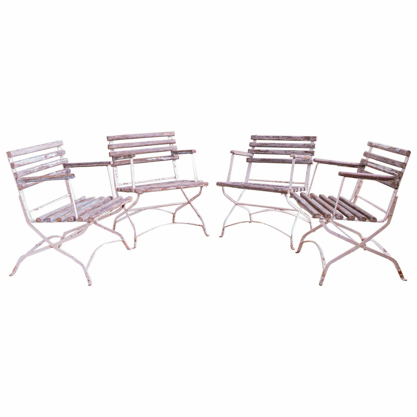 Set Of 4 French Wood Slatted Garden Armchairs With Metal Frame