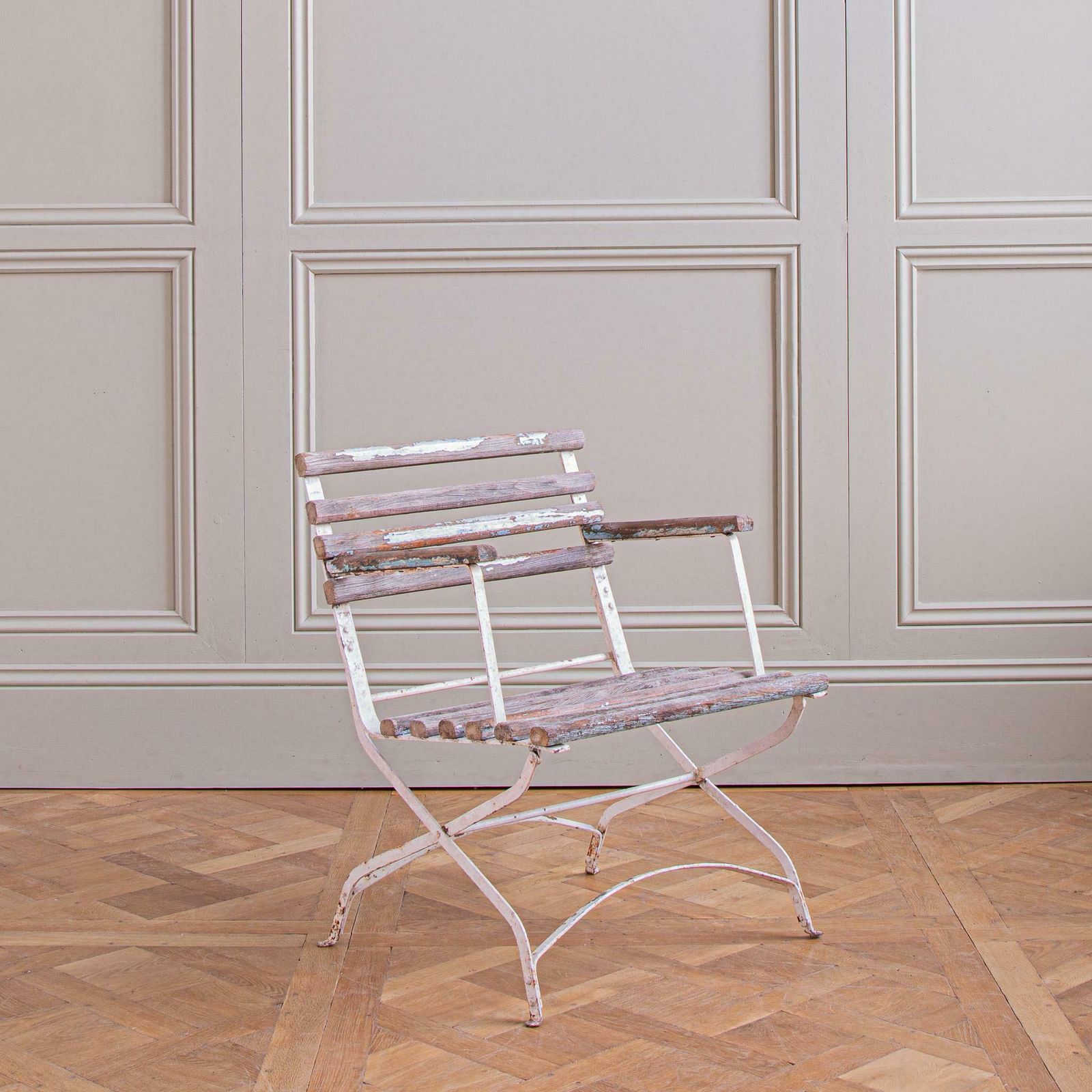 Set Of 4 French Wood Slatted Garden Armchairs With Metal Frame photo for sale