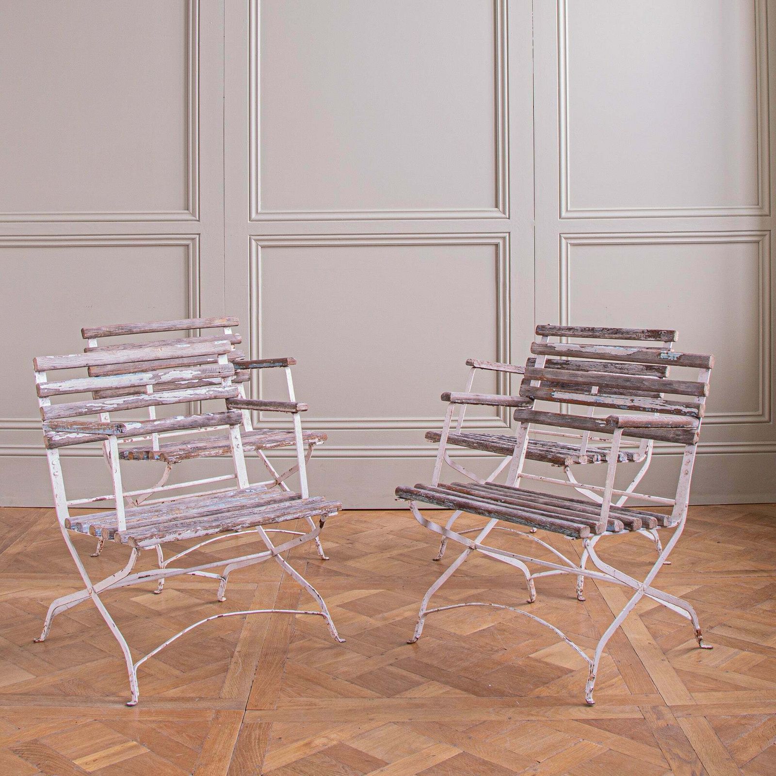 Set Of 4 French Wood Slatted Garden Armchairs With Metal Frame photo buy