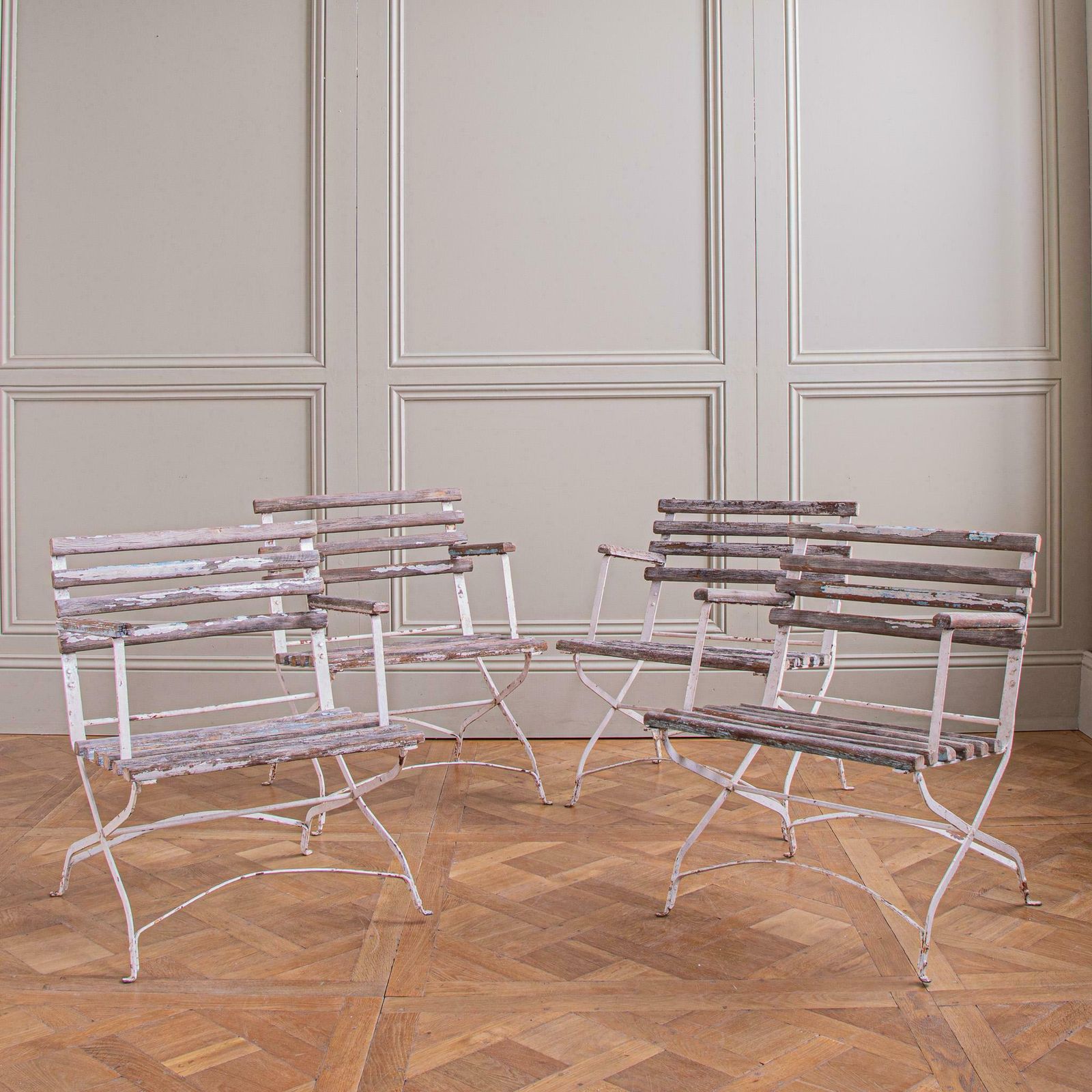 photo for sale Set Of 4 French Wood Slatted Garden Armchairs With Metal Frame