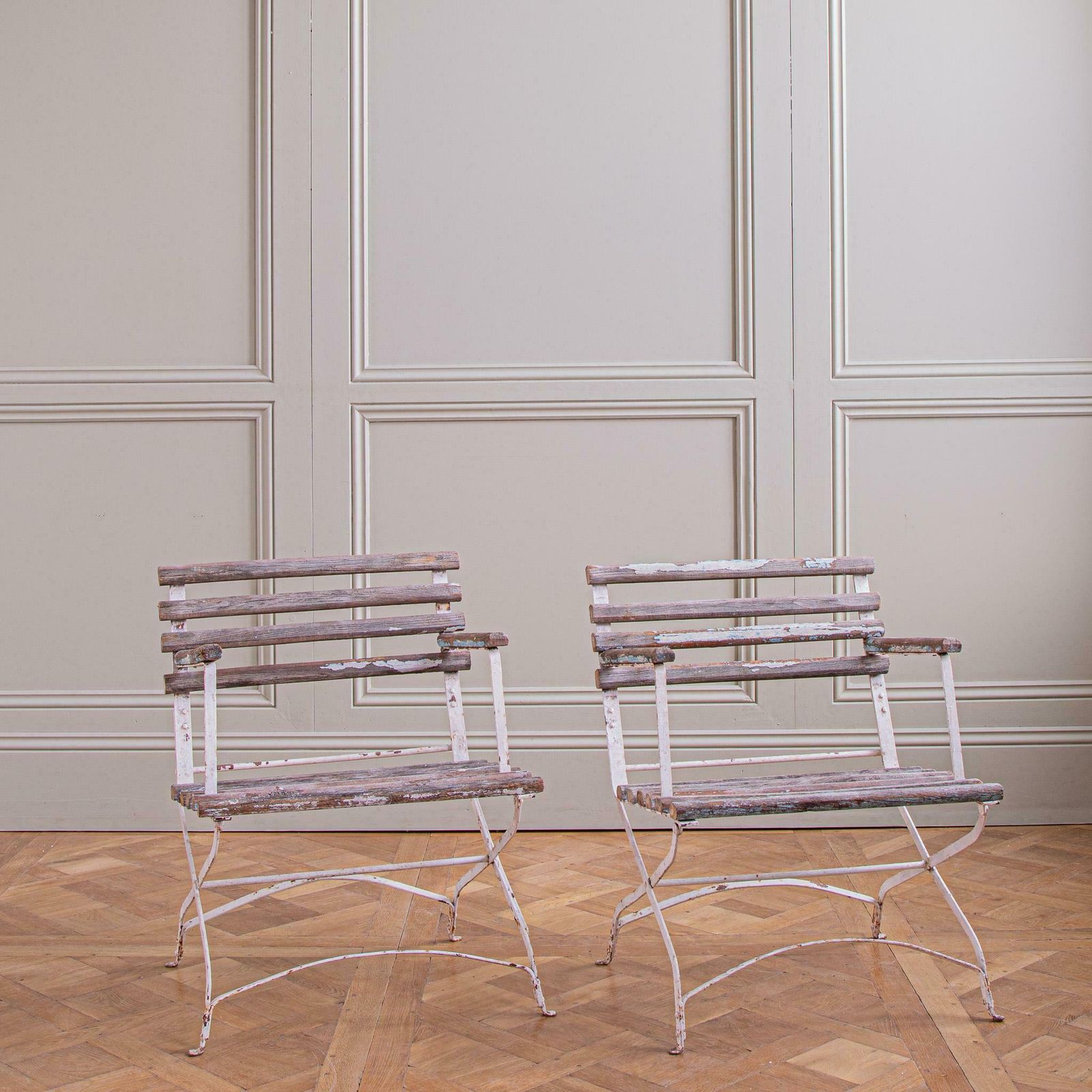 1960.0 Set Of 4 French Wood Slatted Garden Armchairs With Metal Frame photo