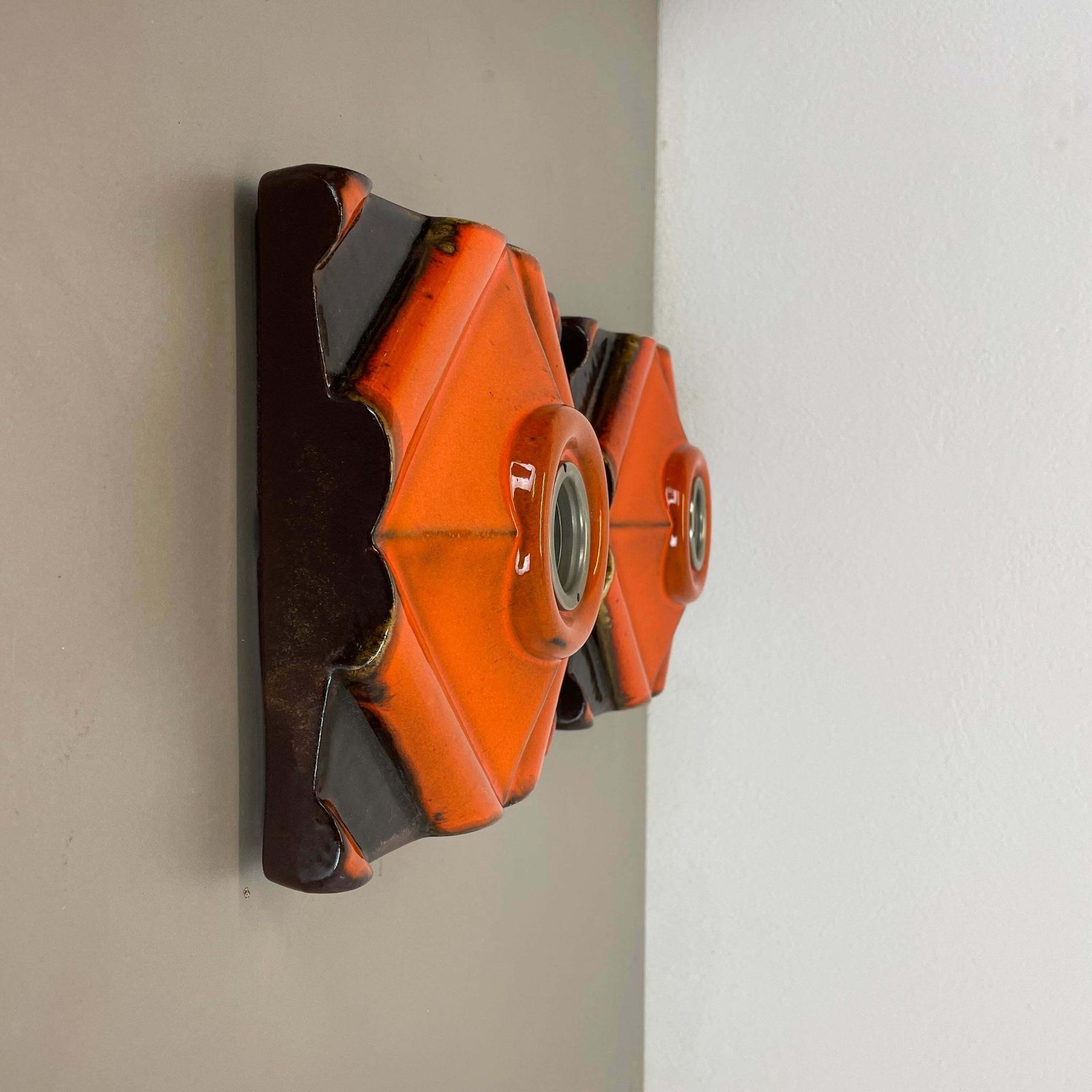 Set Of Two Brown Orange Ceramic Fat Lava Wall Lights Pan Ceramics, Germany 1970 photo Lighting