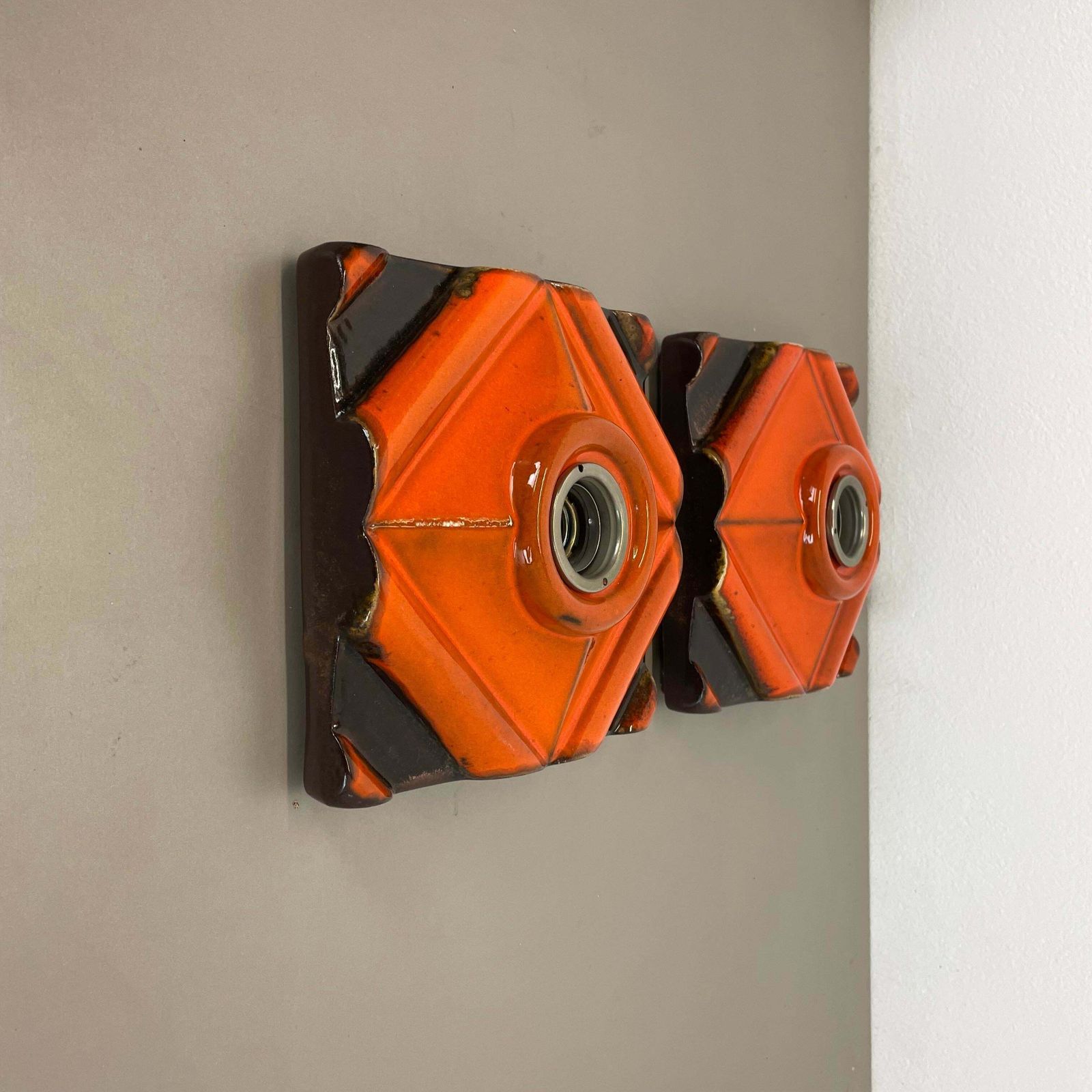 Set Of Two Brown Orange Ceramic Fat Lava Wall Lights Pan Ceramics, Germany 1970 photo 622.0