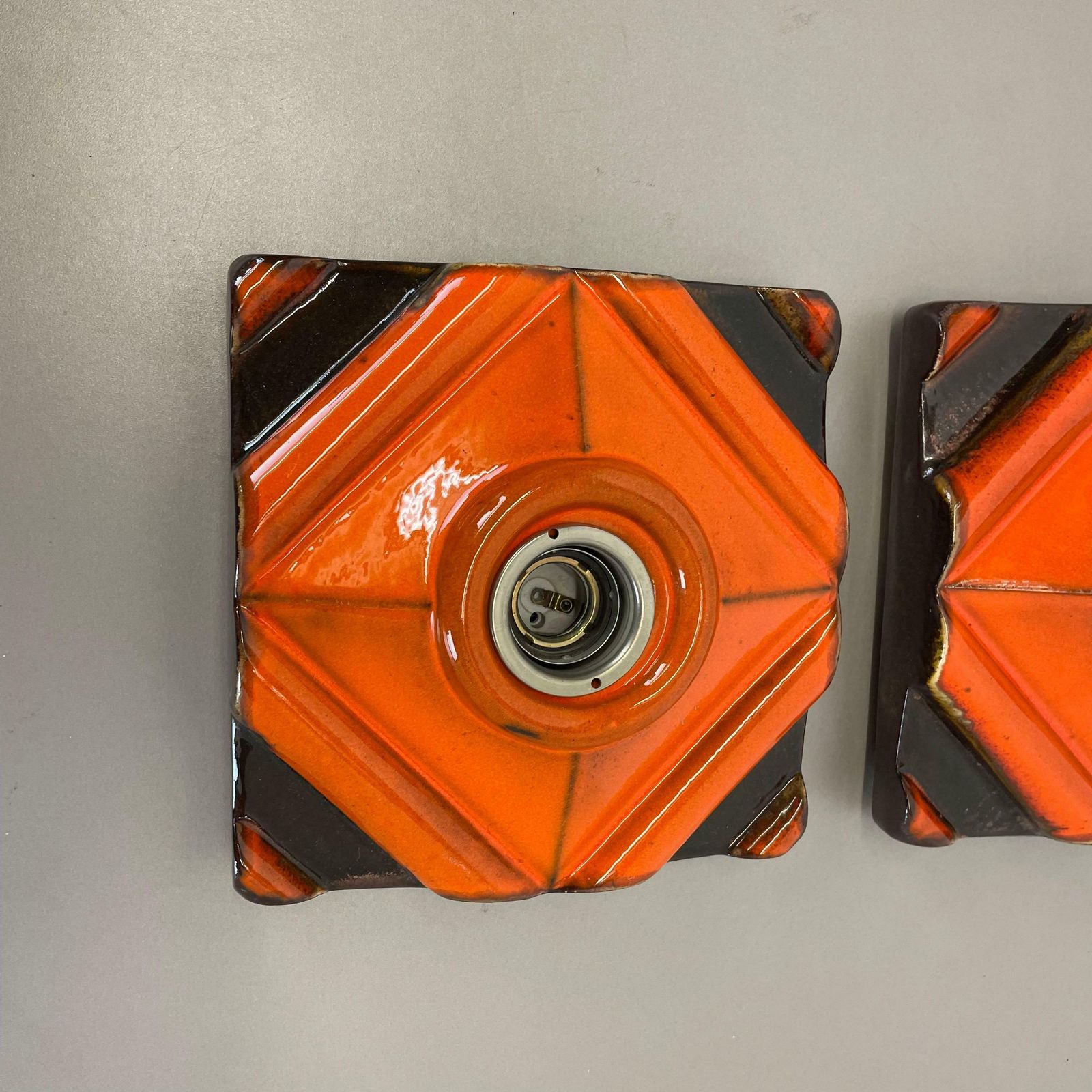 Set Of Two Brown Orange Ceramic Fat Lava Wall Lights Pan Ceramics, Germany 1970 photo vinterior