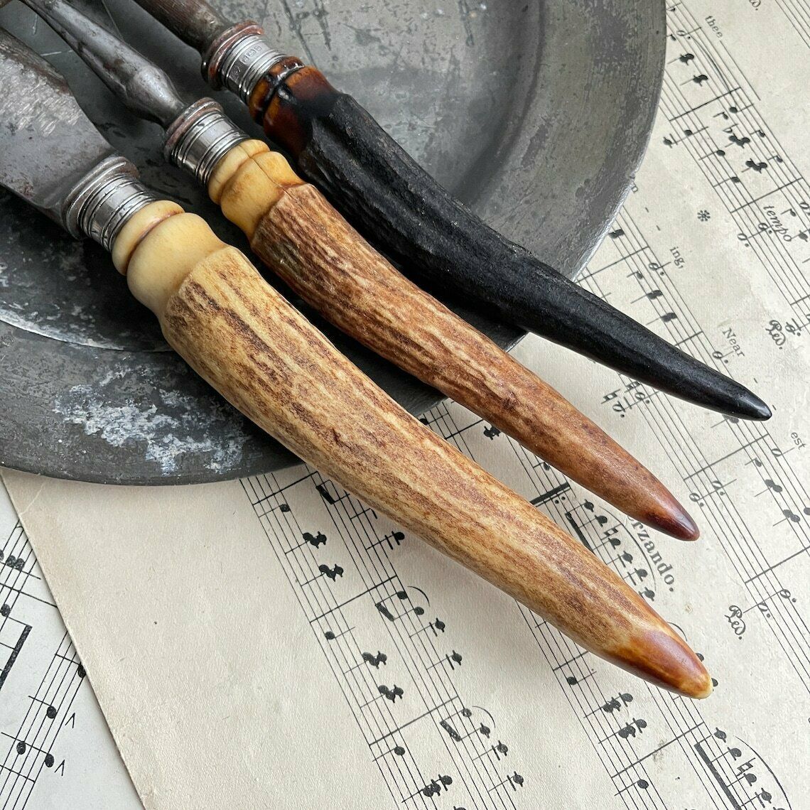 Antique Antler Handled Carving Set. Silver Ferrules. Antique Flatware. Maleham And Yeomans. Carving Fork. Hunting Lodge. Country Lodge photo furniture