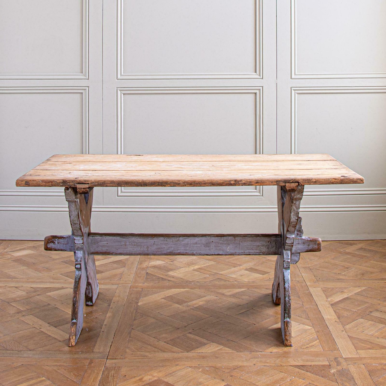 Antique Rustic Swedish Farm House Table With Chalk Blue Patina Circa 1860 photo vintage
