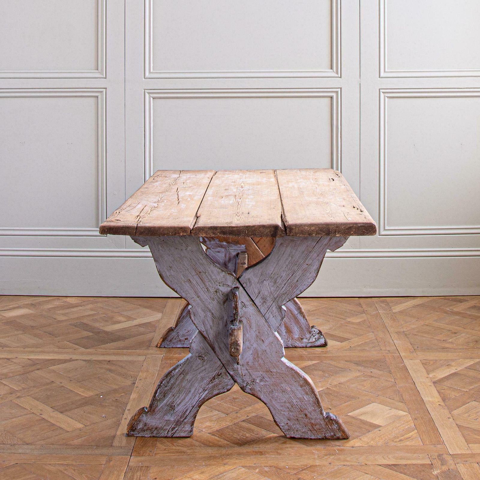 photo furniture Antique Rustic Swedish Farm House Table With Chalk Blue Patina Circa 1860