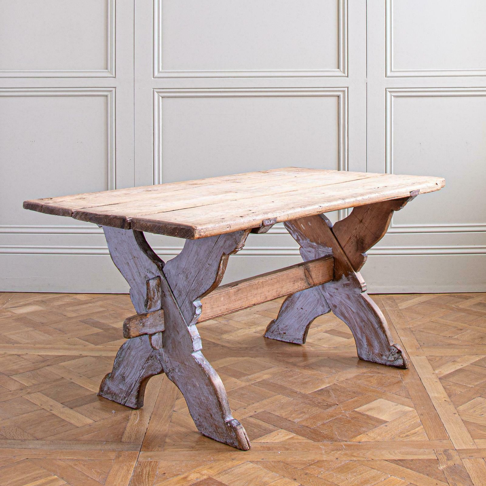 photo for sale Antique Rustic Swedish Farm House Table With Chalk Blue Patina Circa 1860