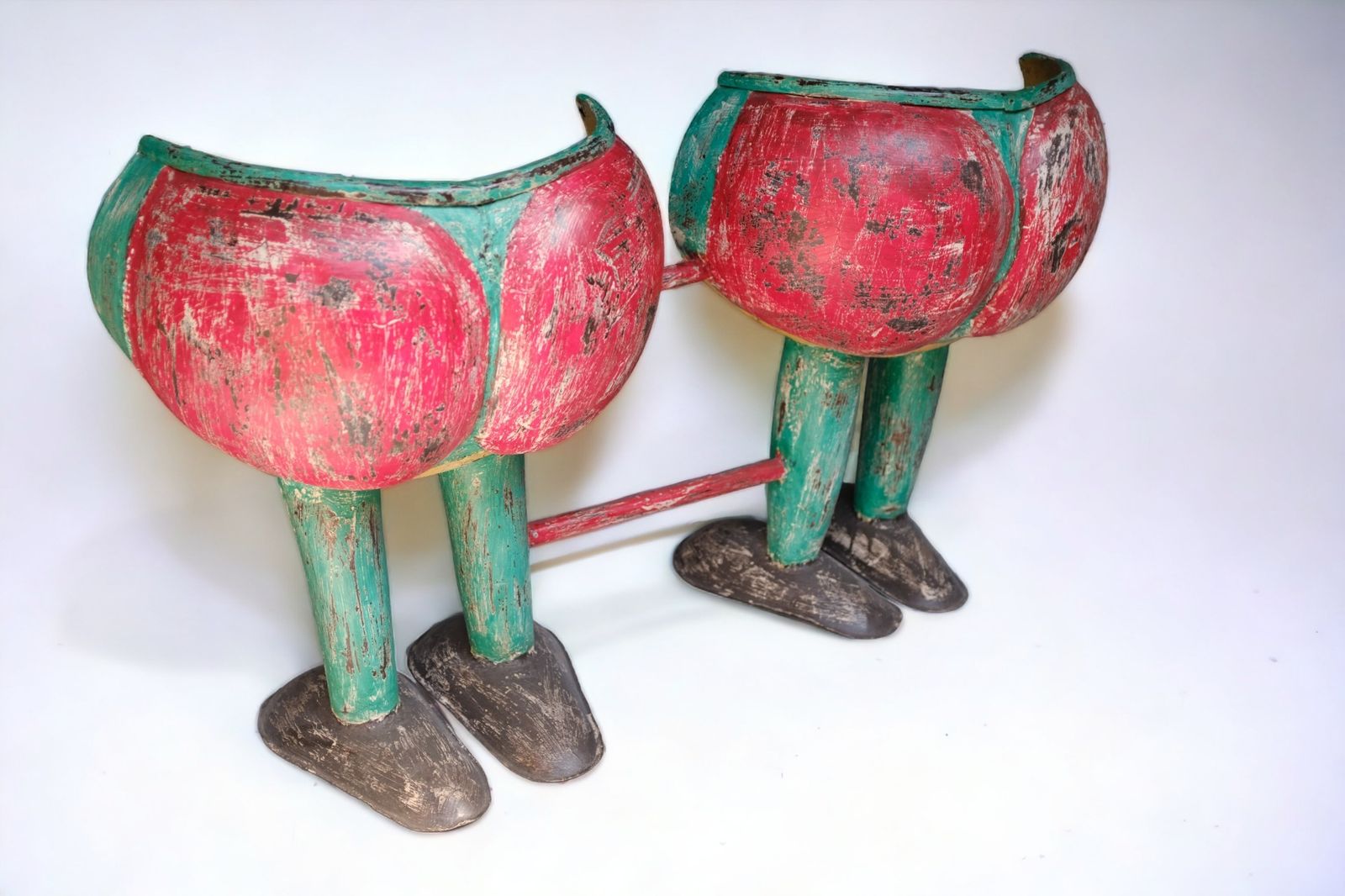 Vintage 1950s Indian Funfair Seats (Set Of 2) – Hand Carved Wooden Benches From Gujarat | Folk Art Sculptures Featured In Bollywood Film ‘3 Idiots’ photo for sale