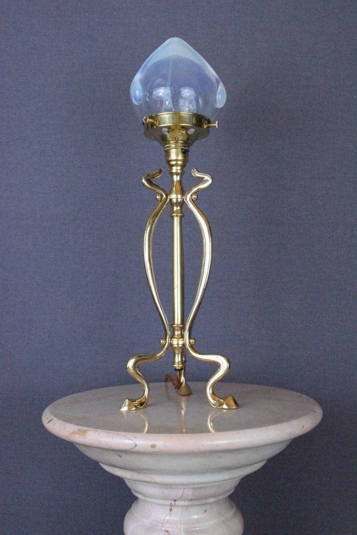 Art Nouveau Style Brass Table Lamp With Hand Blown Vaseline Glass Shade photo Lighting