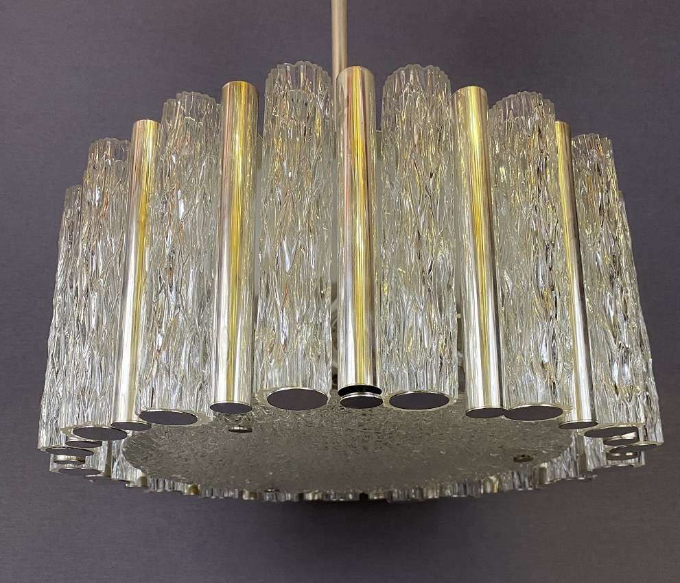 Vintage Large Mid Century Glass Tube Chandelier By Kaiser Leuchten