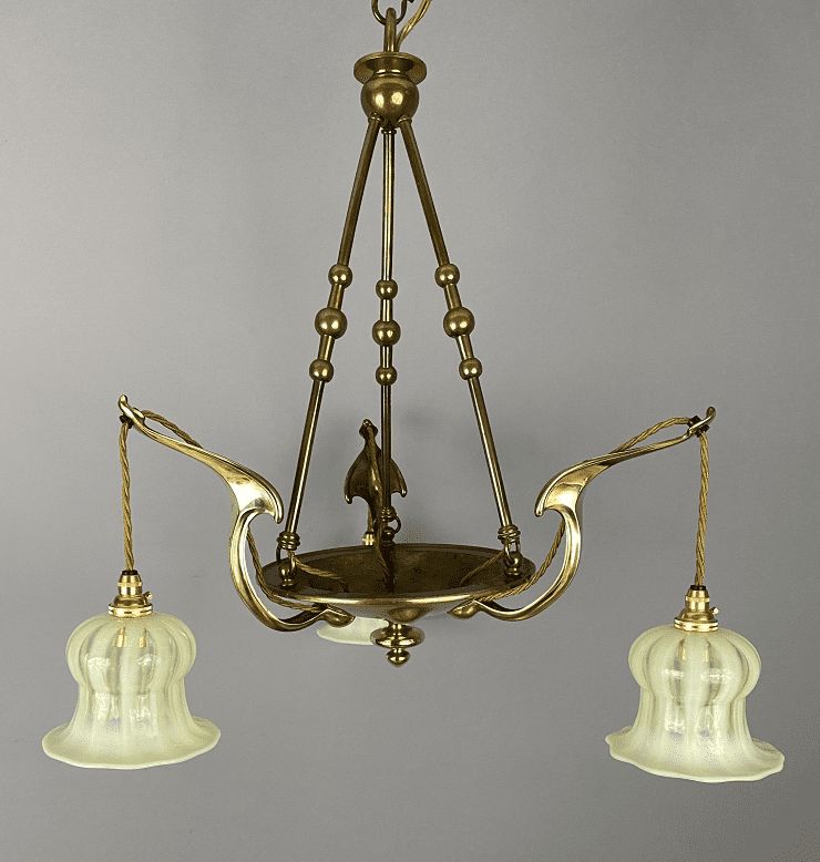 Art Nouveau Brass Chandelier With Vaseline Glass Shades