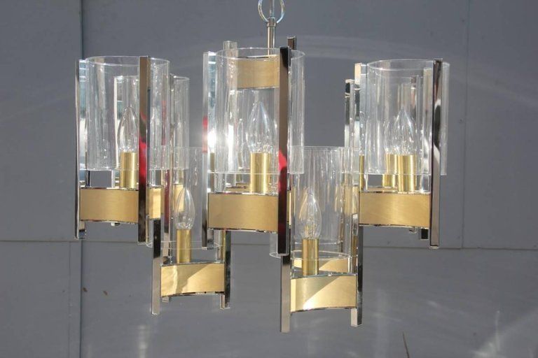 Sciolari Minimal Sculptural Chandelier Brass And Glass Italian Design photo furniture