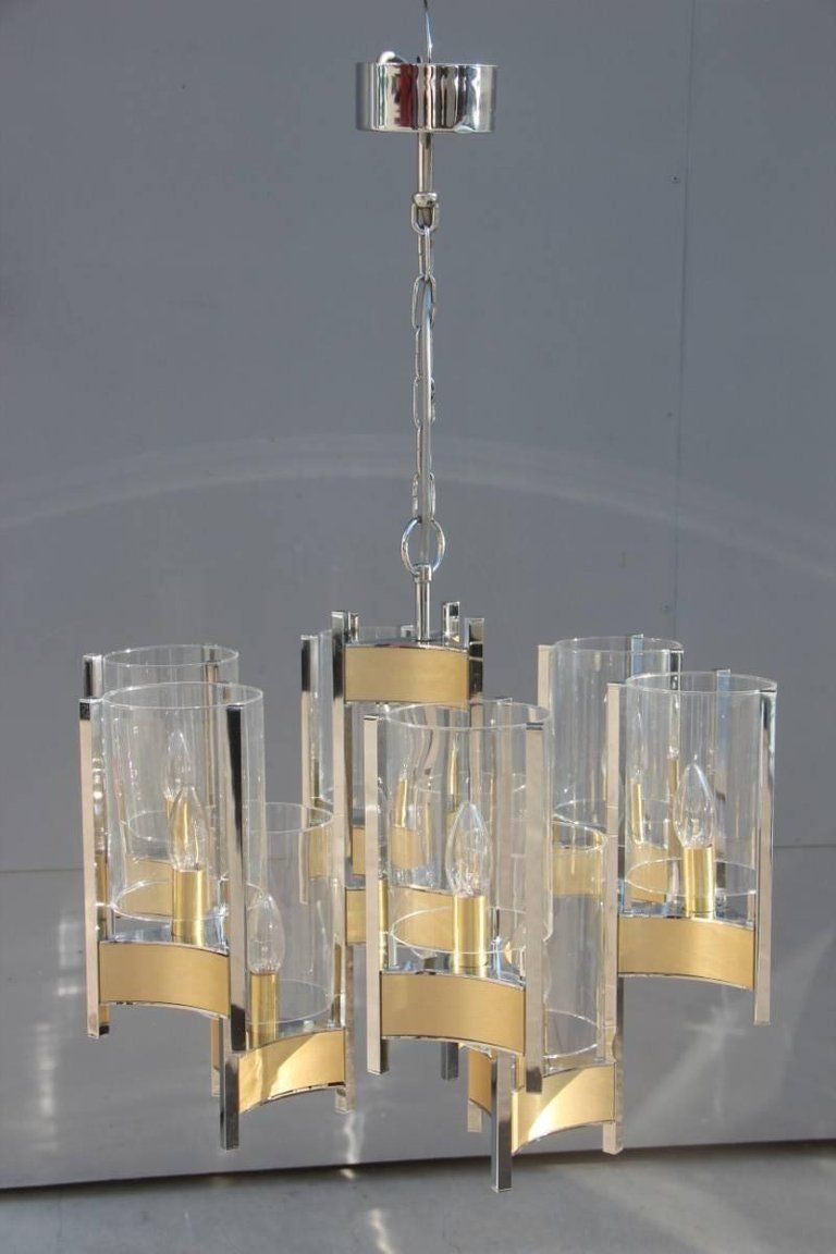 Sciolari Minimal Sculptural Chandelier Brass And Glass Italian Design photo for sale