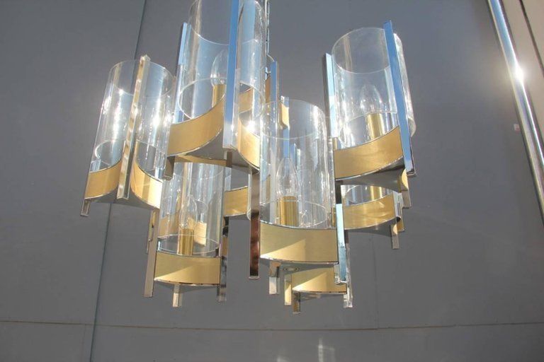 Sciolari Minimal Sculptural Chandelier Brass And Glass Italian Design photo vinterior