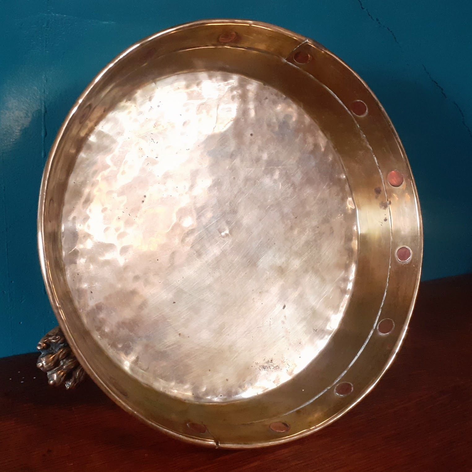 Antique Brass And Copper Riveted Jardiniere With Lion Paw Feet   Plant Stand photo buy